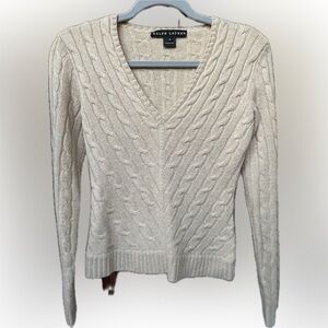Ralph Lauren Women’s Beige Cable Knit V-Neck 100% Cashmere Sweater